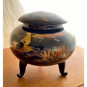 Antique Japanese Lacquerware Black Gold Fisherman Covered Bowl Tea Hand Painted